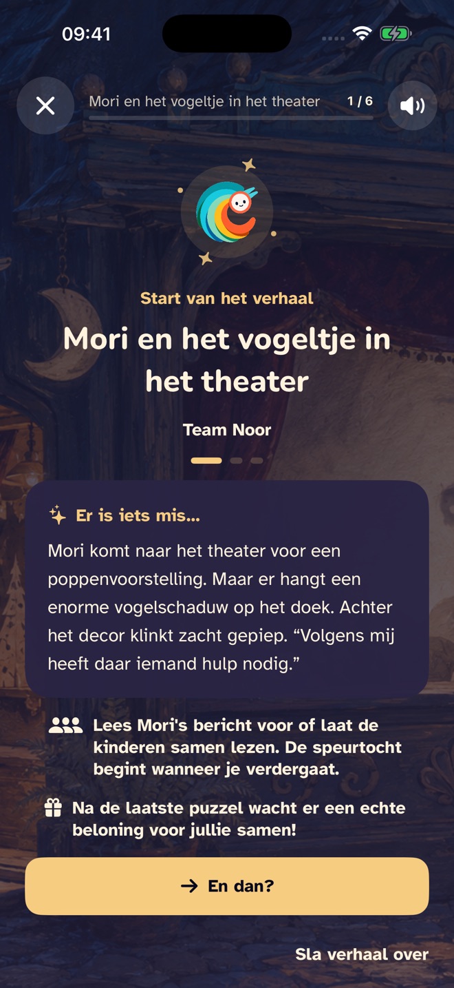 Echt Clumori-spelscherm: het team begint het verhaal over het vogeltje in het theater