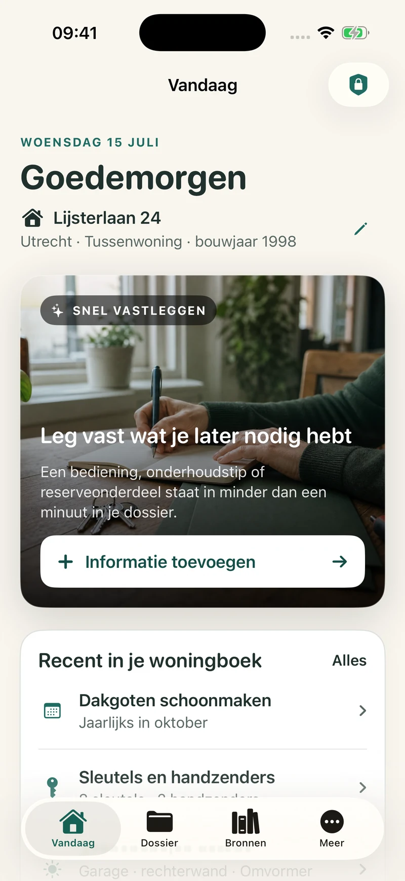 Vandaag-scherm van Woningboek